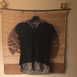Adrianna Papell Black and Leopard Button Down Shirt